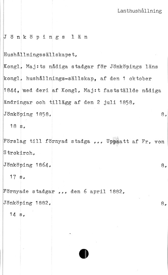  ﻿Lanthushållning
Jönköpings län
Hushållningssällskapet,
Kongl, Maj sts nådiga stadgar för Jönköpings läns
kongl, hushållnings-sällskap, af den 1 oktober
1844* med deri af Kongl, Majst fastställde nådiga
ändringar och tillägg af den 2 juli 1858,
Jönköping 1858,	8.
18 s.
Förslag till förnyad stadga ,,, Uppsatt af Fr, von
Strokirch,
Jönköping 1864,	8,
17 s.
Förnyade stadgar ,,, den 6 april 1882,
Jönköping 1882,	8,
14 s